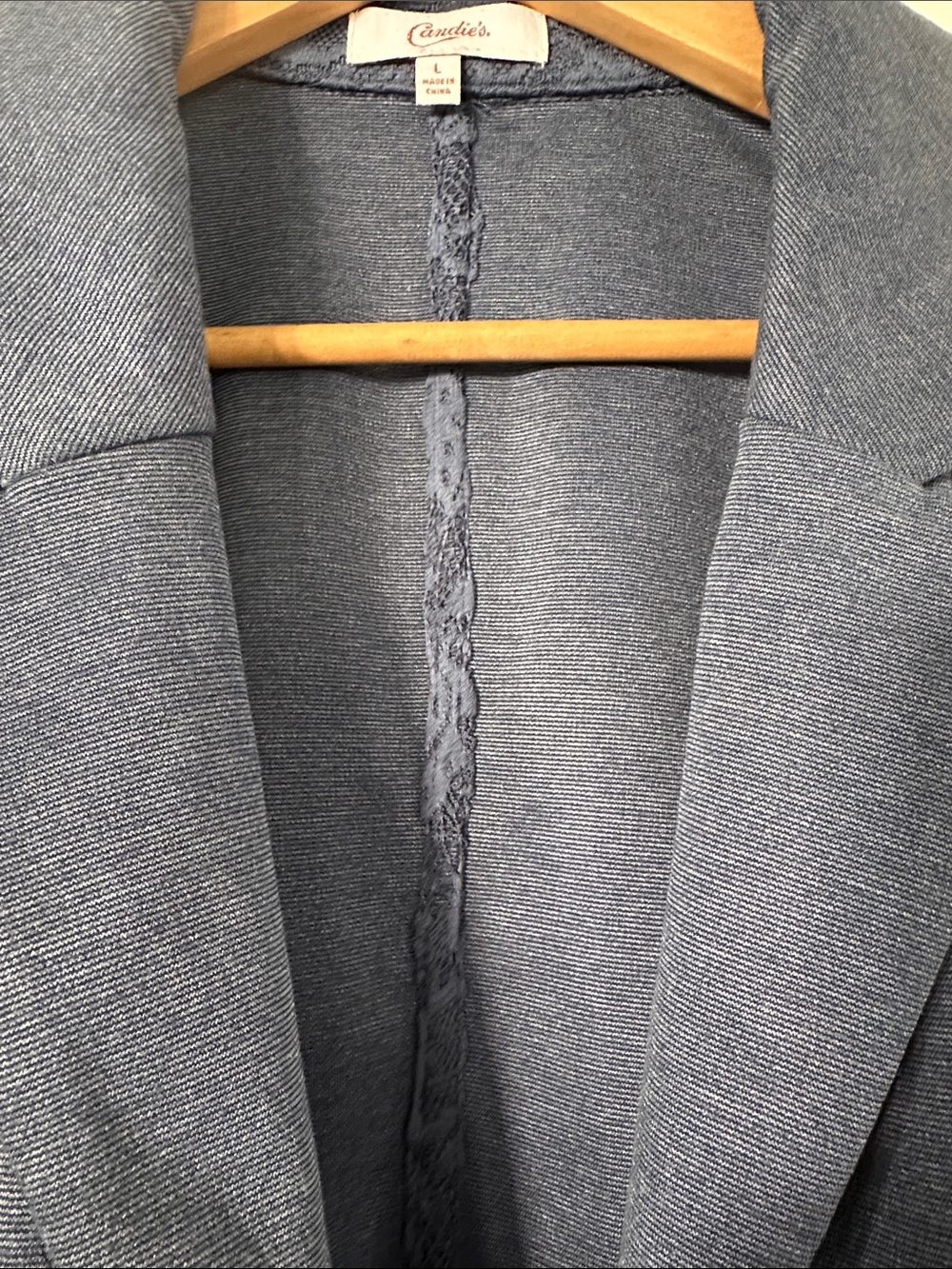 Women's Navy Blue Open-Front Cropped Blazer with lace detail - Picture 3 of 5